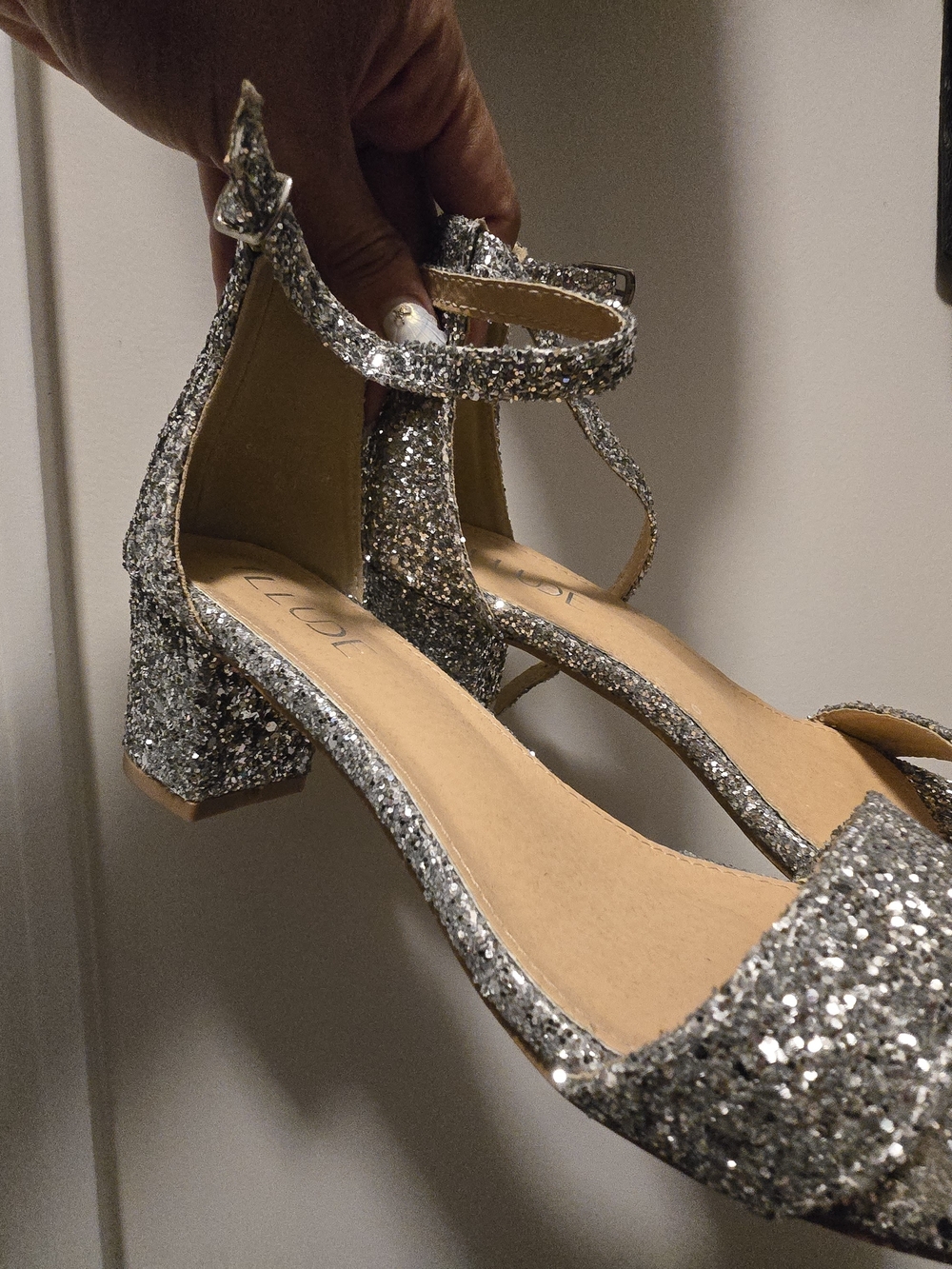 Nine West Silver Glitter Block-Heel Ankle Strap Sandals